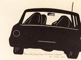 a drawing of a car with two people in the back seat