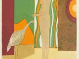 a painting of a woman and a bird in a room