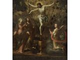 un tableau représentant Jésus sur la croix, entouré d'autres personnes
