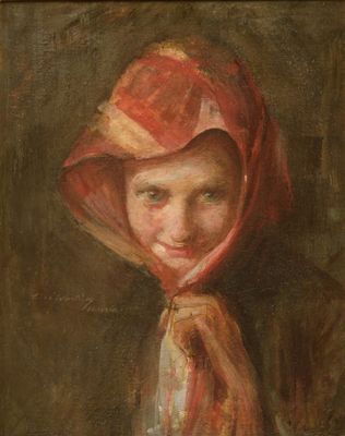 an image of a painting of a young girl wearing a red scarf