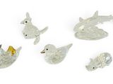 quatre figurines d'animaux en verre transparent posées sur un fond blanc
