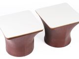 pair of brown and white side tables with square tops