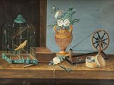 a painting of a bird in a birdcage and other objects on a table