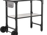 a black and white cart with a glass shelf on it
