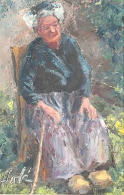 tableau représentant une vieille femme assise sur une chaise, une canne à la main
