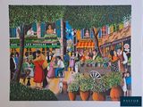 painting of a street scene with people and a horse drawn carriage in the foreground