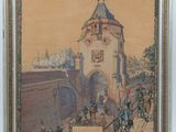 an image of a painting of a building with a clock on it
