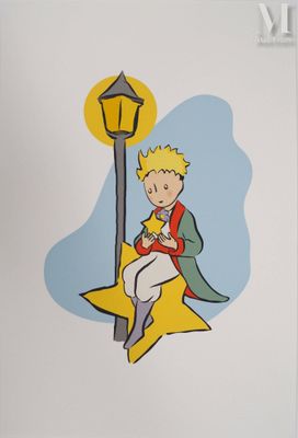 un dessin représentant un petit garçon assis sur une étoile, à côté d'un lampadaire