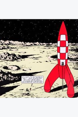 un dessin représentant une fusée sur la Lune, surmonté d'une bande dessinée