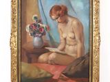 tableau représentant une femme nue en train de lire un livre devant un vase de fleurs