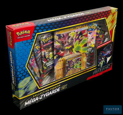 une boîte de cartes Pokémon exposée sur un fond noir