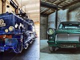 two pictures of a train and a car in the same picture