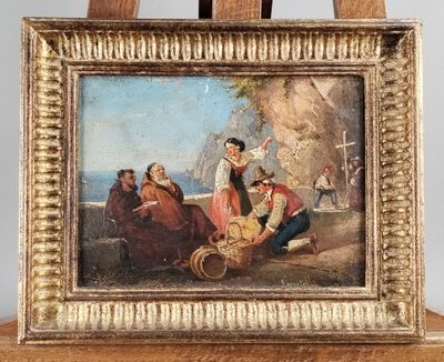 tableau représentant un groupe de personnes assises sur un banc devant une montagne