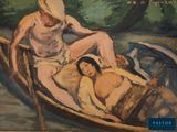 a painting of a man and a woman in a boat