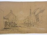 une image représentant un dessin d'une scène de village avec un cheval et une charrette