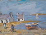 un tableau représentant un bateau sur la plage, à côté d'une maison