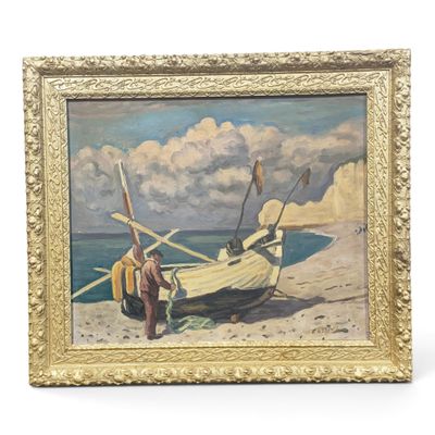 une peinture à l'huile représentant un bateau sur une plage, avec un homme debout à côté