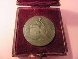 une médaille d'argent dans un écrin en velours posé sur un fond rose