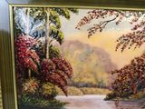 a picture of a painting of a river in the woods