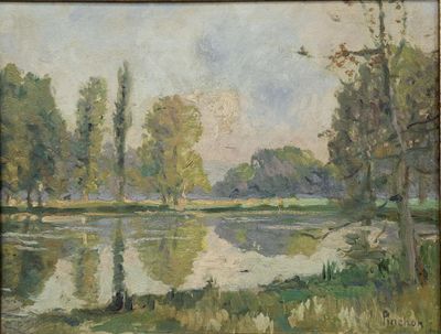 l'image d'une peinture représentant une rivière avec des arbres en arrière-plan