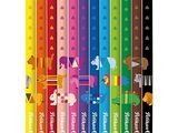 six different colored pencils lined up in a row on a white background