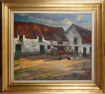 une peinture à l'huile représentant une scène de ferme avec des poules et un cheval