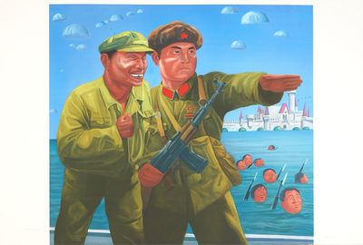 tableau représentant deux hommes en uniforme militaire montrant du doigt quelque chose au loin