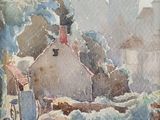 a watercolor painting of a village with a train on the tracks