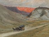 painting of a horse drawn carriage on a dirt road with mountains in the background