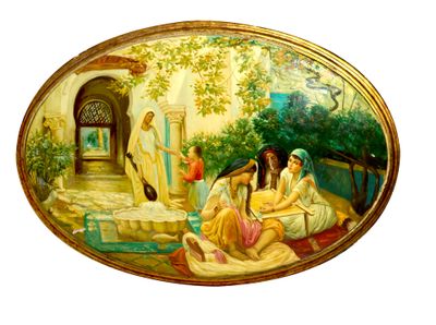 une photo d'un tableau représentant une femme et deux fillettes assises sur un banc
