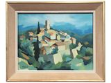 an oil painting of a small village on a hill