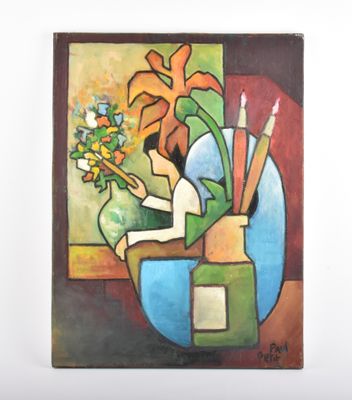 un tableau représentant une femme assise dans un vase rempli de fleurs