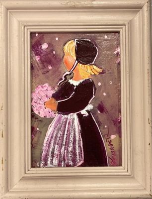 a painting of a little girl holding a bouquet of flowers