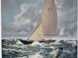 painting of a sailboat in rough water with a buoy in the foreground
