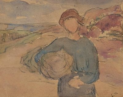 un tableau représentant une femme tenant un chapeau sur un chemin de terre