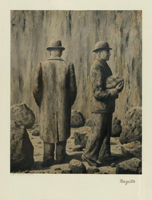 tableau représentant deux hommes debout l'un à côté de l'autre devant un mur