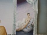 a painting of a woman sitting on a chair in front of a mirror