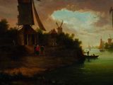 a painting of a windmill on the shore of a river