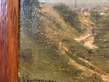 an oil painting of a man riding a horse down a dirt road