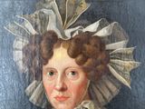 painting of a woman in a white dress with a large hat