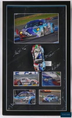 signed autographed photograph of a race car with multiple photos