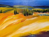 a painting of a yellow field with trees and a body of water
