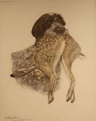 tableau représentant un chien et un lapin couchés l'un sur l'autre