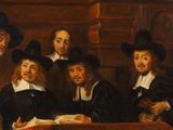 painting of a group of men sitting around a table with a book