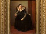an oil painting of a woman in a black dress sitting in a chair
