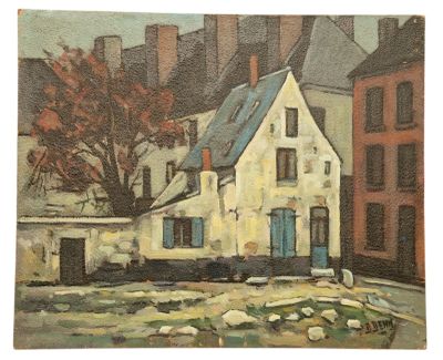 une peinture à l'huile représentant une maison blanche au toit bleu