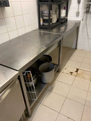 a stainless steel counter in a commercial kitchen