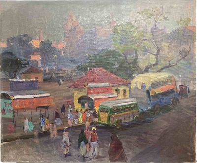 une peinture de personnes marchant dans la rue sous la pluie