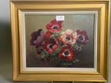 an oil painting of red and white flowers in a gold frame
