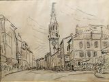 dessin représentant une rue de la ville avec une tour horloge en arrière-plan